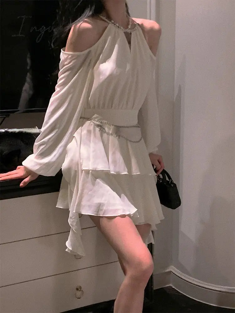 Ingvn - Autumn Fairy Pure Color Short Party Dress Korean Fashion Elegant Mini Woman Design Casual
