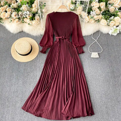 Ingvn - Autumn Fashion Streetwear Long Dress Design French Pleated Maxi Women Elegant O Neck Sleeve