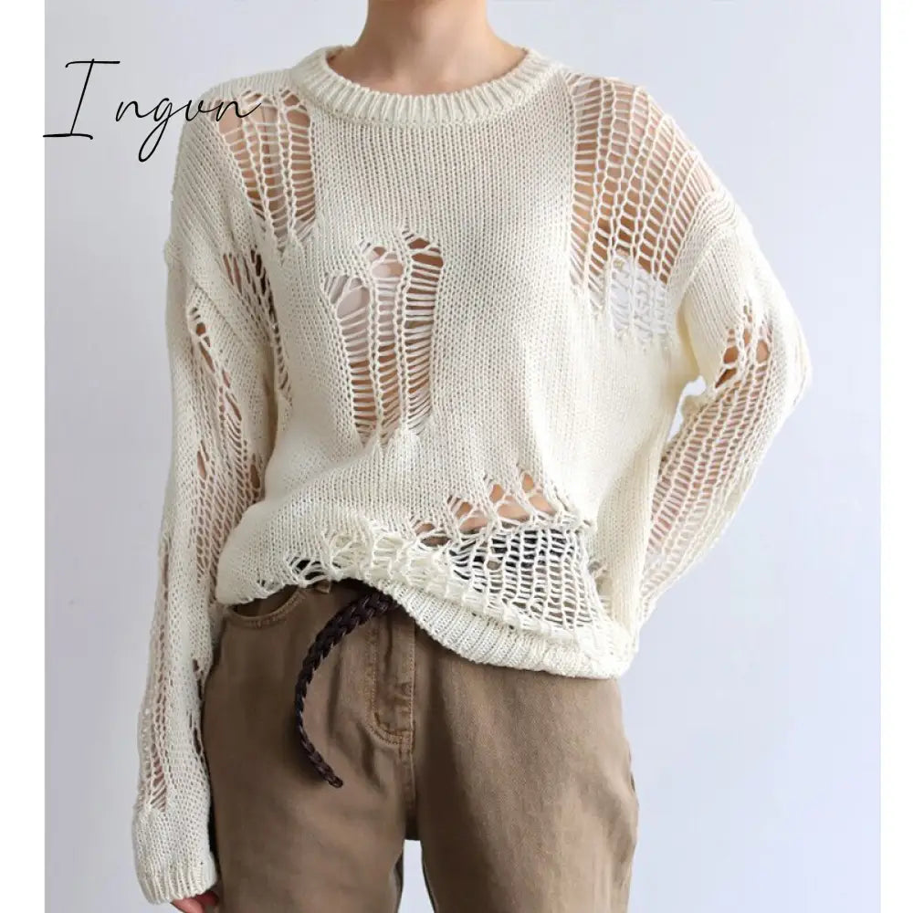 Ingvn - Autumn New Korean Style Long - Sleeved Sexy Hole Sweater Asymmetric Hem Loose Pullover