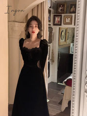 Ingvn - Autumn Slim Black Velvet Dress Casual Korean Fashion Elegant Midi Woman Party Long Sleeve