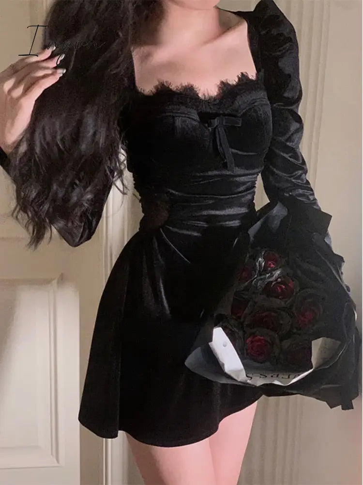 Ingvn - Autumn Slim Black Velvet Dress Casual Korean Fashion Elegant Midi Woman Party Long Sleeve