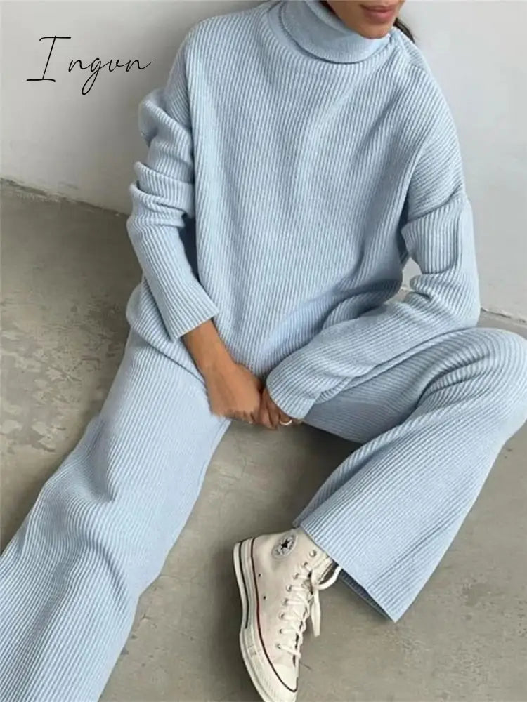 Ingvn - Autumn Winter 2 Pieces Women Sets Knitted Tracksuit Turtleneck Sweater And Wide Leg Jogging