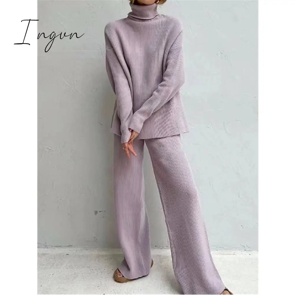 Ingvn - Autumn Winter 2 Pieces Women Sets Knitted Tracksuit Turtleneck Sweater And Wide Leg Jogging