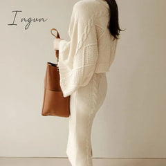 Ingvn - Autumn Winter Knitting Womens Two Peice Sets Elegant O-Neck Long Sleeve Pullover Sweater