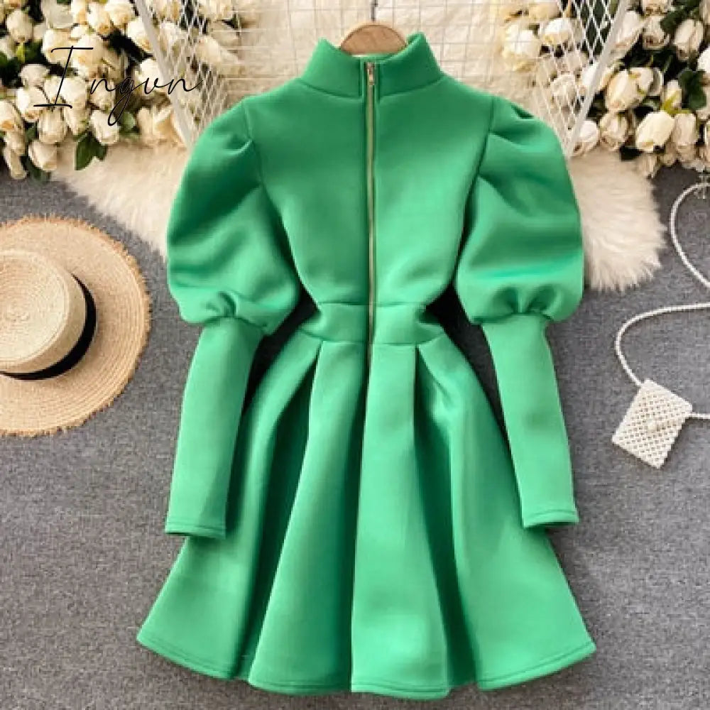 Ingvn - Autumn Winter Puff Long Sleeve Dresses For Women Party Christmas Turtleneck Slim A - Line