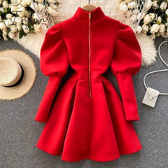 Ingvn - Autumn Winter Puff Long Sleeve Dresses For Women Party Christmas Turtleneck Slim A - Line