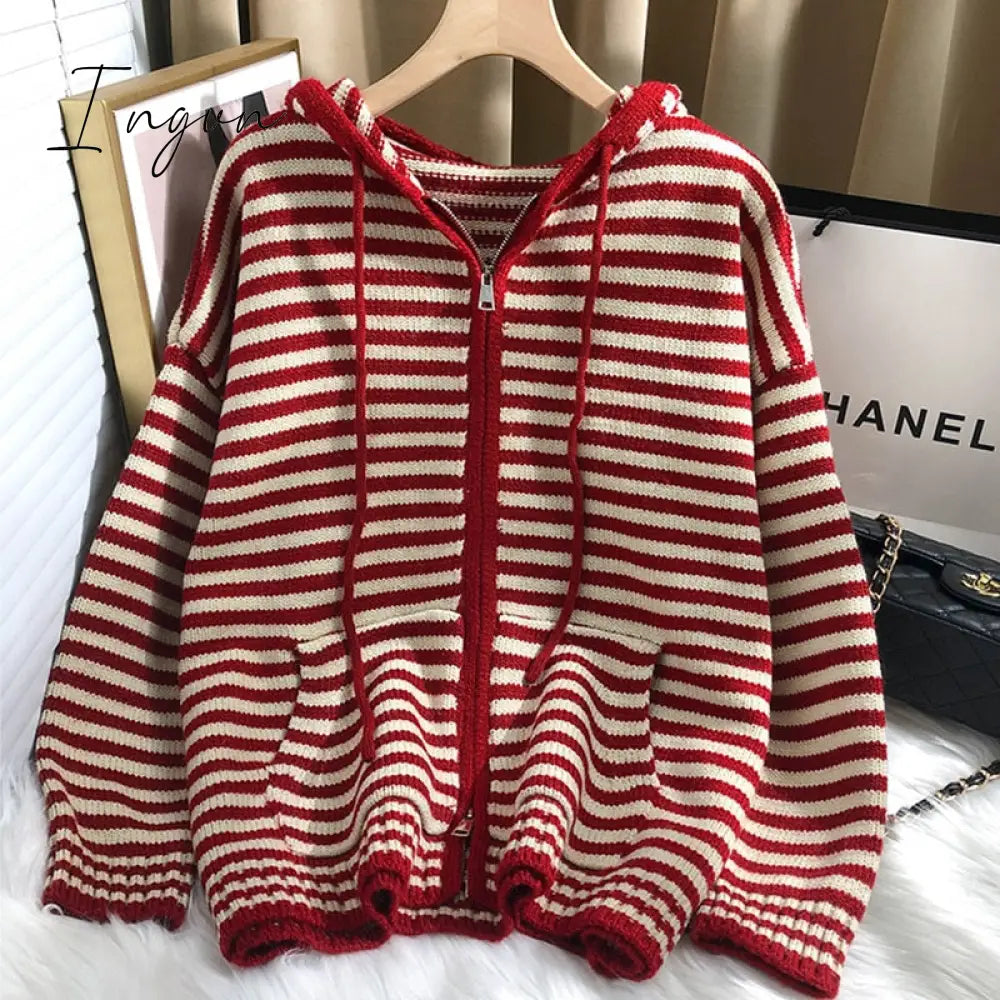 Ingvn - Autumn Winter Red Stripes Hooded Knit Cardigan Woman Korean Fashion Loose Casual Sweater