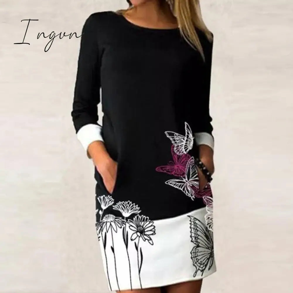 Ingvn - Autumn Women Elegant Floral Print Patchwork Dress Casual Long Sleeve Straight Dresses