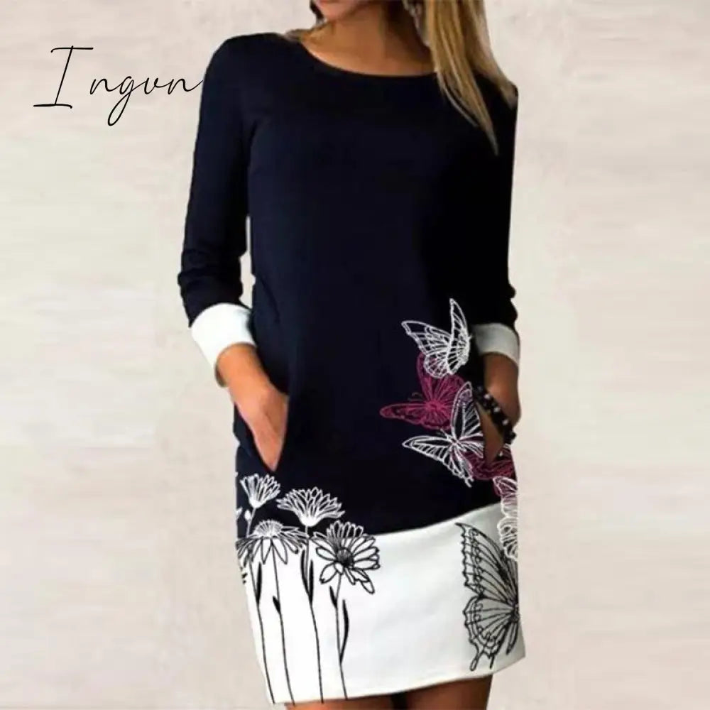 Ingvn - Autumn Women Elegant Floral Print Patchwork Dress Casual Long Sleeve Straight Dresses
