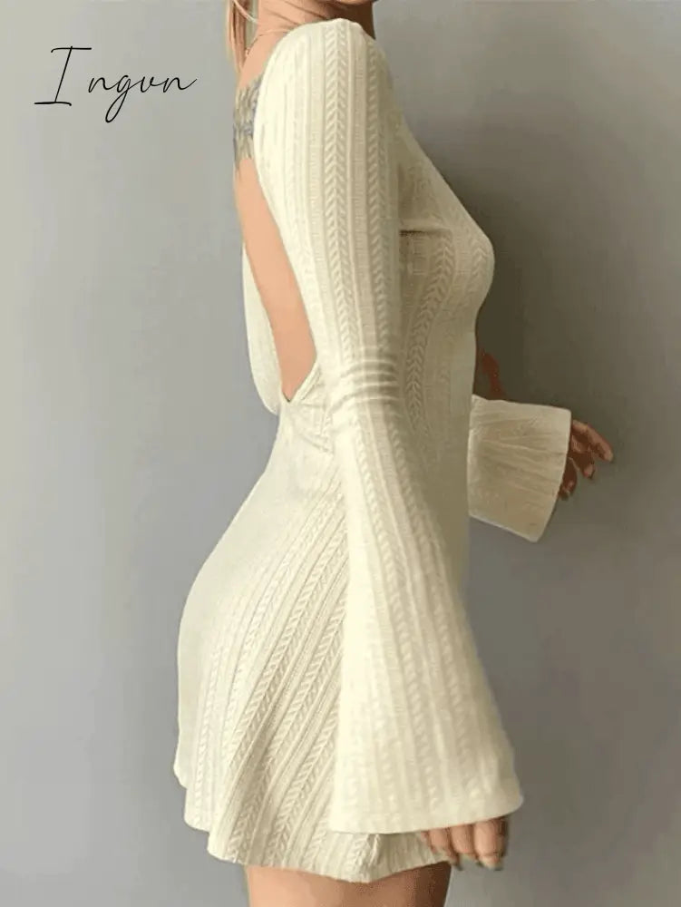 Ingvn - Backless Knitted Long Sleeve Mini Dress Dresses