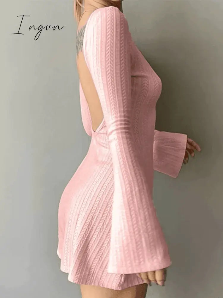 Ingvn - Backless Knitted Long Sleeve Mini Dress Dresses