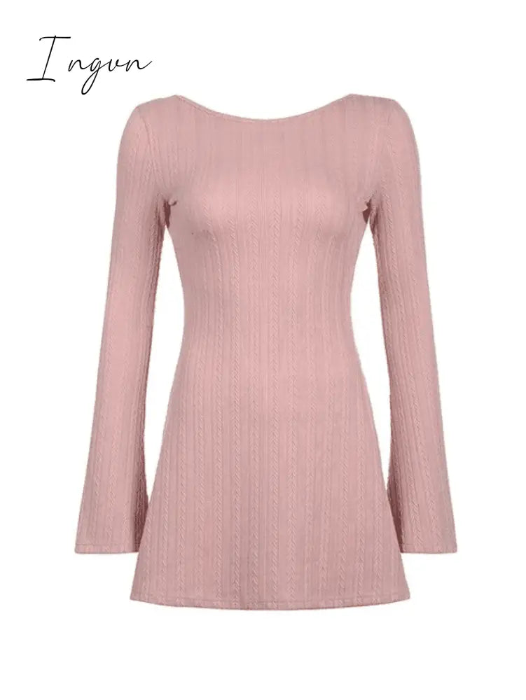 Ingvn - Backless Knitted Long Sleeve Mini Dress Pink / S Dresses