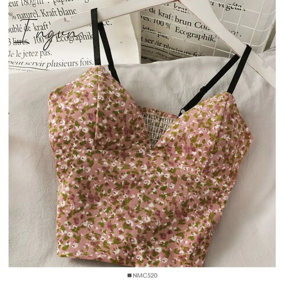Ingvn - Backless V-Neck Floral Printed Tank Crop Tops Pink / One Size