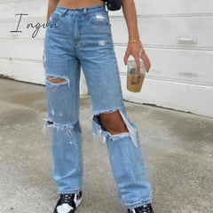 Ingvn - Baggy Jeans Straight Leg Ripped For Women Fashion Loose High Streetwear Waist Pants Hole