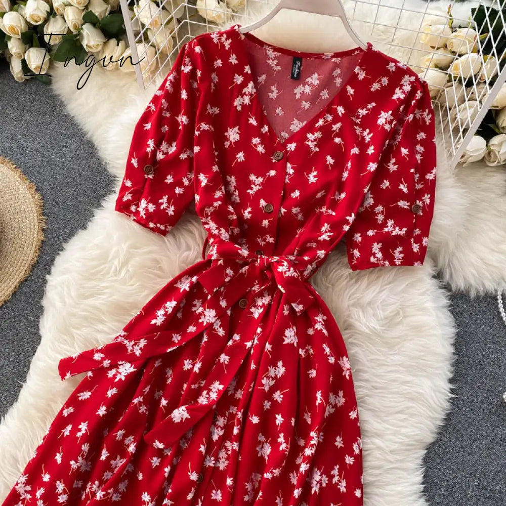 Ingvn - Beach Red Elegant Sexy Dress Women Summer Autumn V - Neck Polka Dot Midi Dress Waist Split