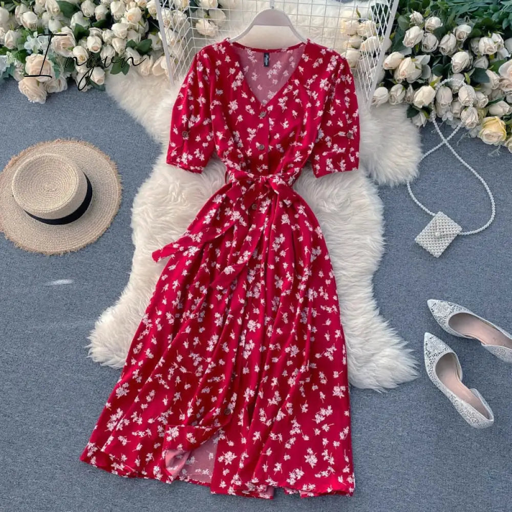 Ingvn - Beach Red Elegant Sexy Dress Women Summer Autumn V - Neck Polka Dot Midi Dress Waist Split