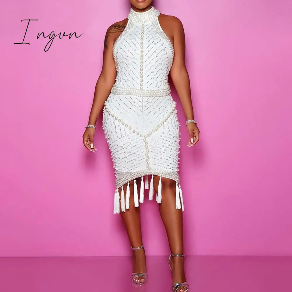 Ingvn - Beading White Plus Size Bodycon Dress 5Xl Sexy Party Dinner Club Midi Dresses Elegant Split