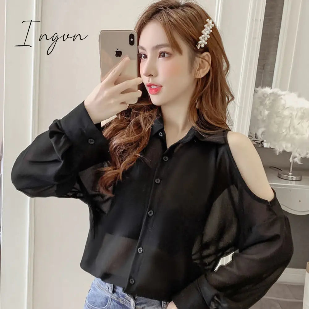 Ingvn - Beading Women’s Elegant Blouse Office Outfits Feminine Shirts Off The Shoulder Long