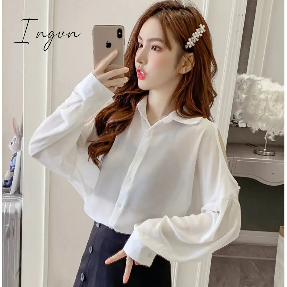 Ingvn - Beading Women’s Elegant Blouse Office Outfits Feminine Shirts Off The Shoulder Long