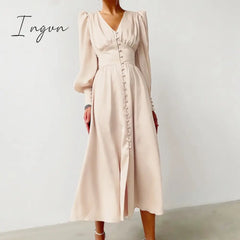 Ingvn - Beige Single Breasted Sexy Dress Party Clud High Waist Satin Long Elegant V Neck Women Midi