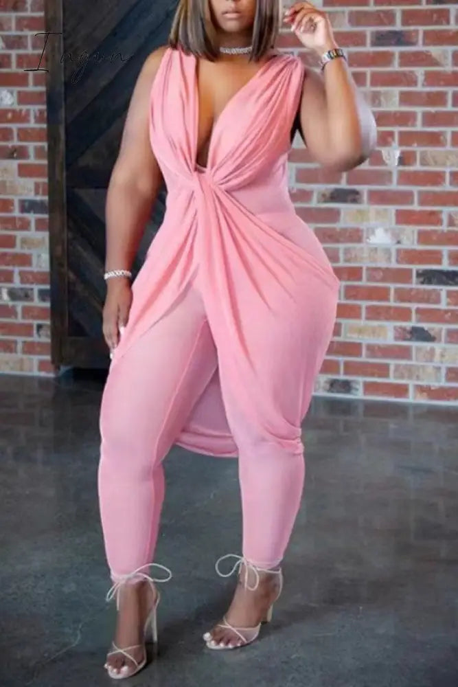 Ingvn - Black Sexy Casual Solid Patchwork See-Through V Neck Plus Size Jumpsuits Plus Size