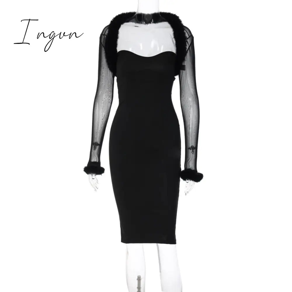 Ingvn - Black Villus Sexy Dress Women 2023 New Long Sleeve Bodycon Midi Autumn Winter Elegant Club