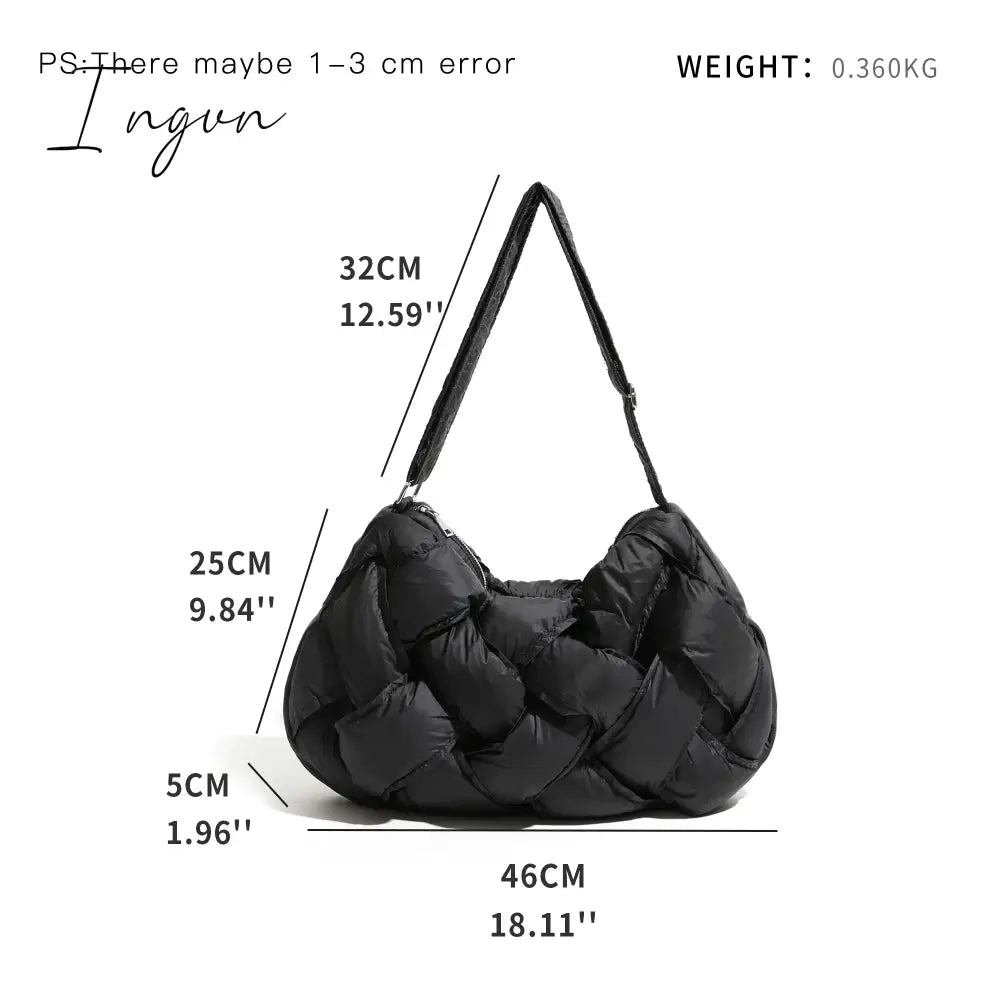 Ingvn - Black Woven Design Padded Shoulder Hobo Bag Cotton Down Crossbody Puffer Purse Big Women