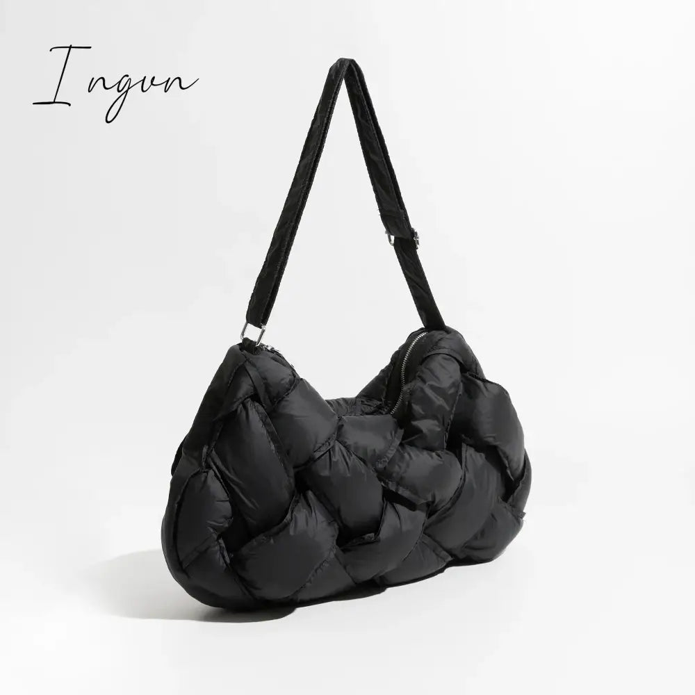 Ingvn - Black Woven Design Padded Shoulder Hobo Bag Cotton Down Crossbody Puffer Purse Big Women