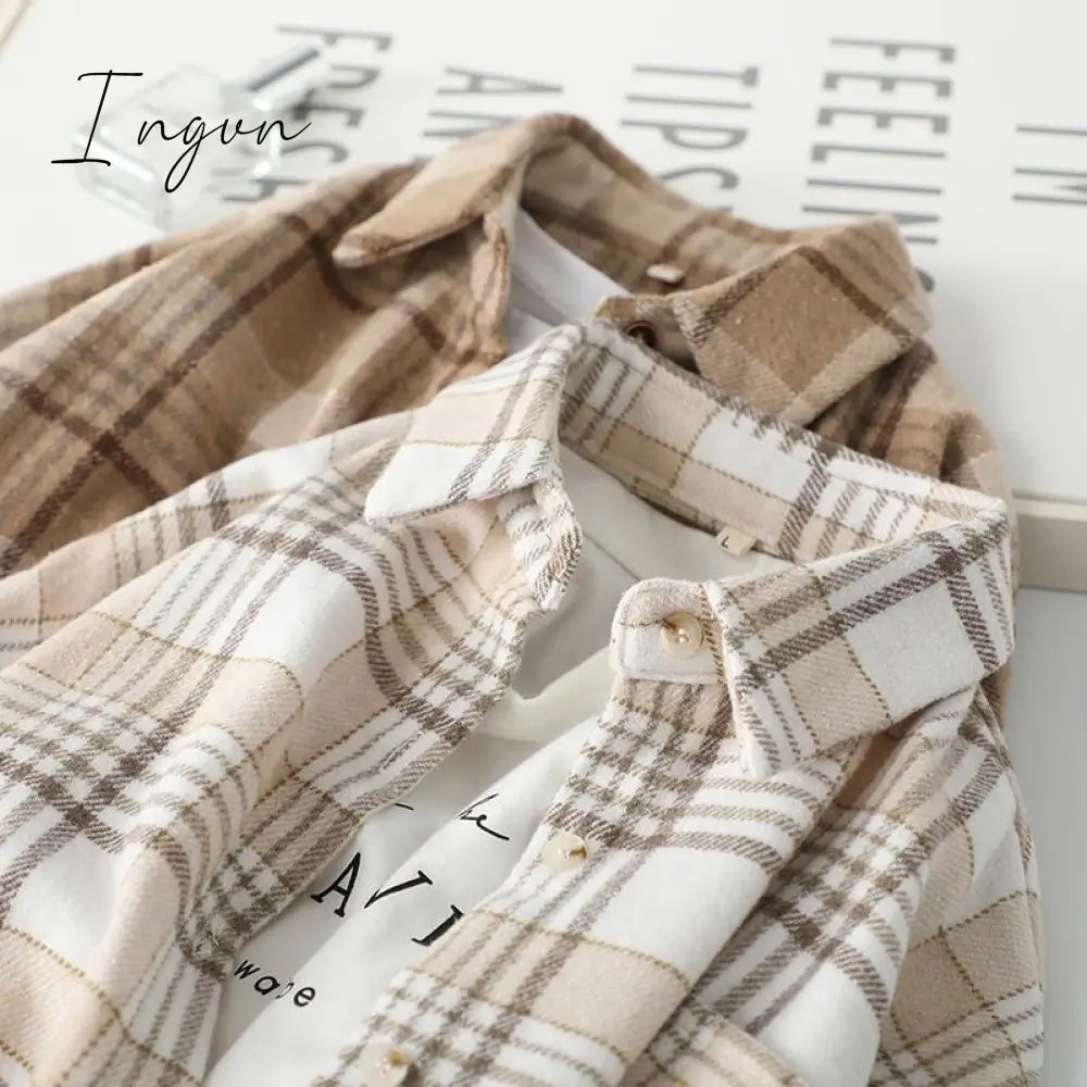 Ingvn - Blouse Women Woolen Plaid Coat Shirt For Thickened Long Sleeve Top Blusas Ropa De Mujer