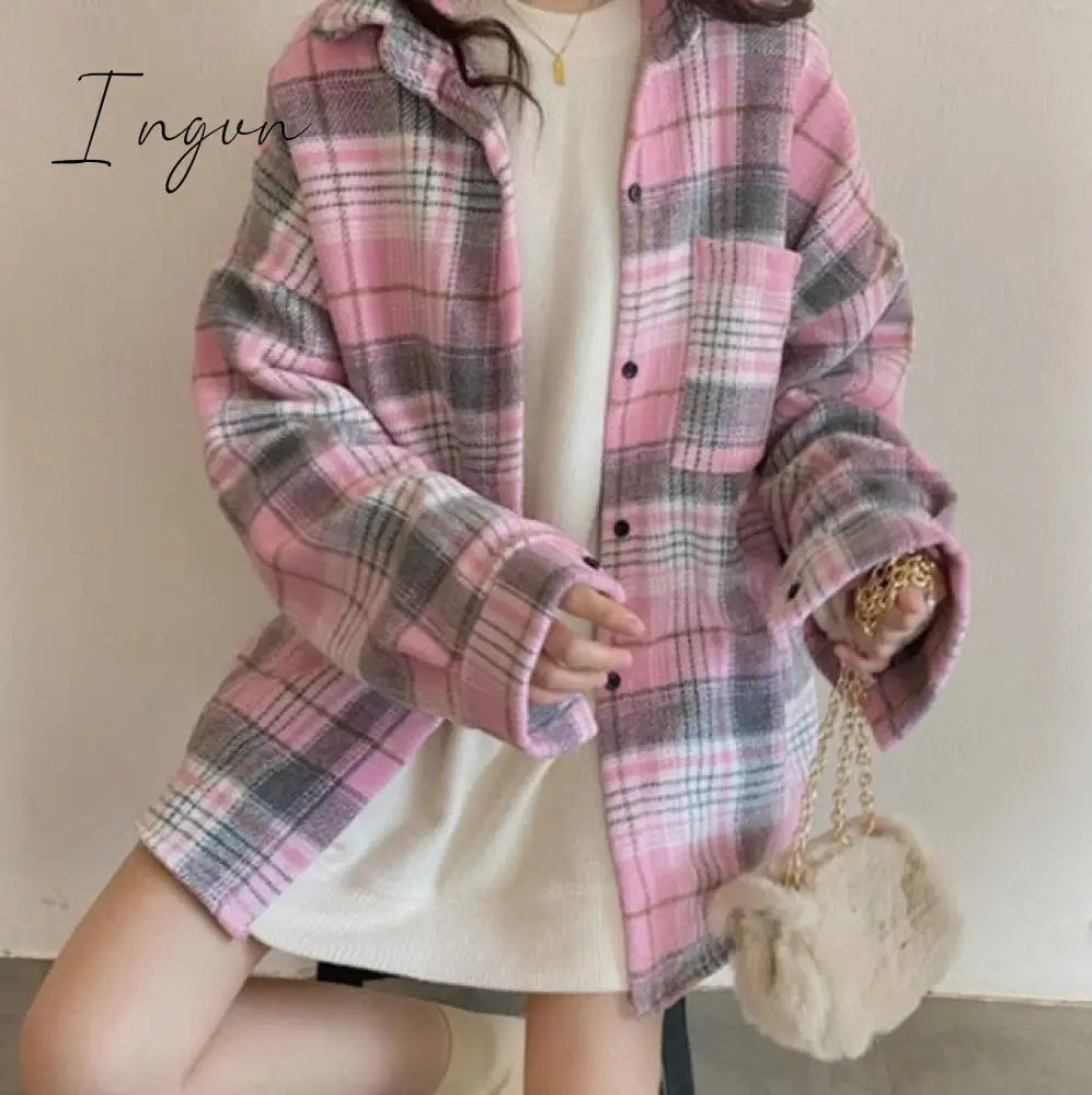 Ingvn - Blouse Women Woolen Plaid Coat Shirt For Thickened Long Sleeve Top Blusas Ropa De Mujer M /