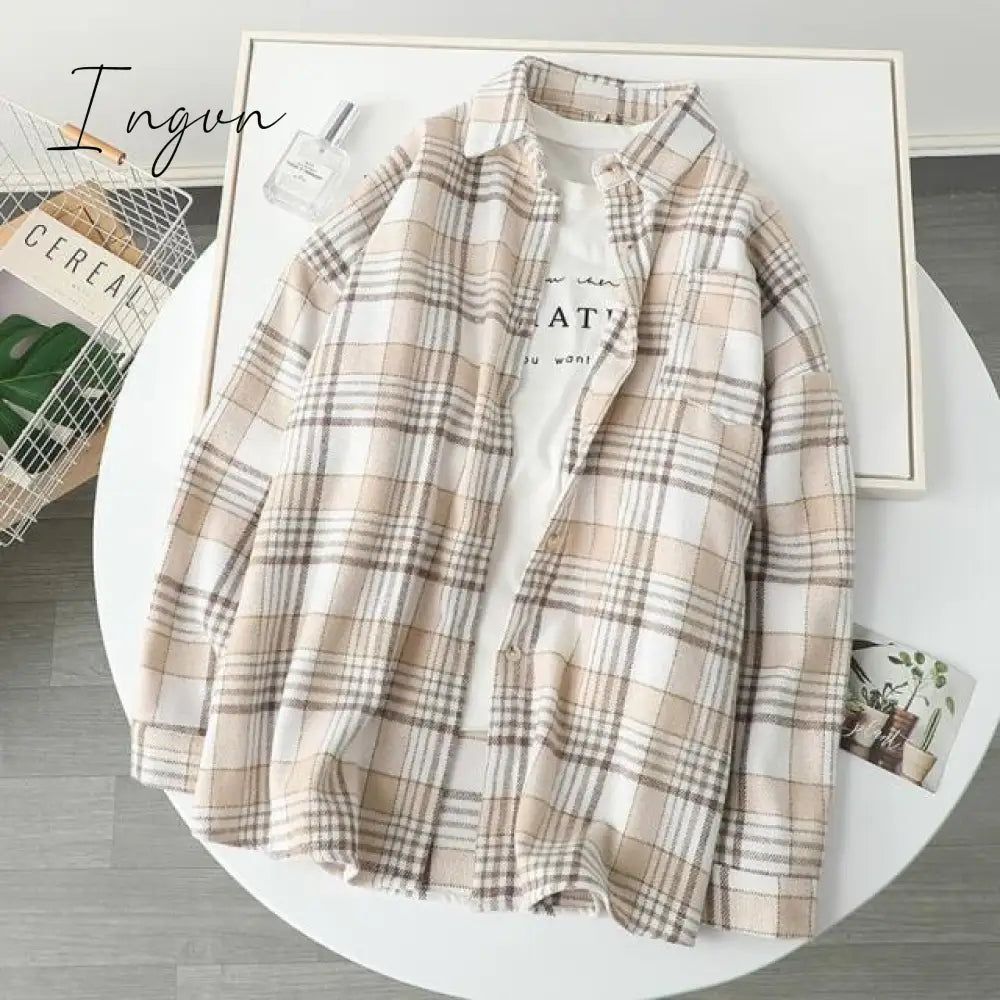 Ingvn - Blouse Women Woolen Plaid Coat Shirt For Thickened Long Sleeve Top Blusas Ropa De Mujer S /