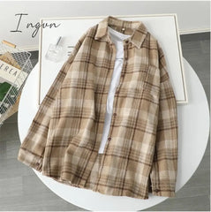 Ingvn - Blouse Women Woolen Plaid Coat Shirt For Thickened Long Sleeve Top Blusas Ropa De Mujer S /