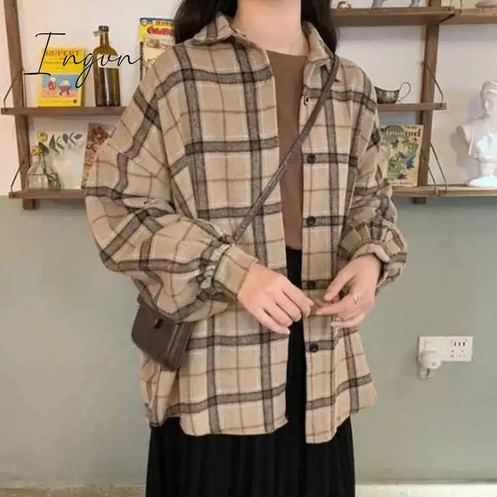 Ingvn - Blouse Women Woolen Plaid Coat Shirt For Thickened Long Sleeve Top Blusas Ropa De Mujer Xl