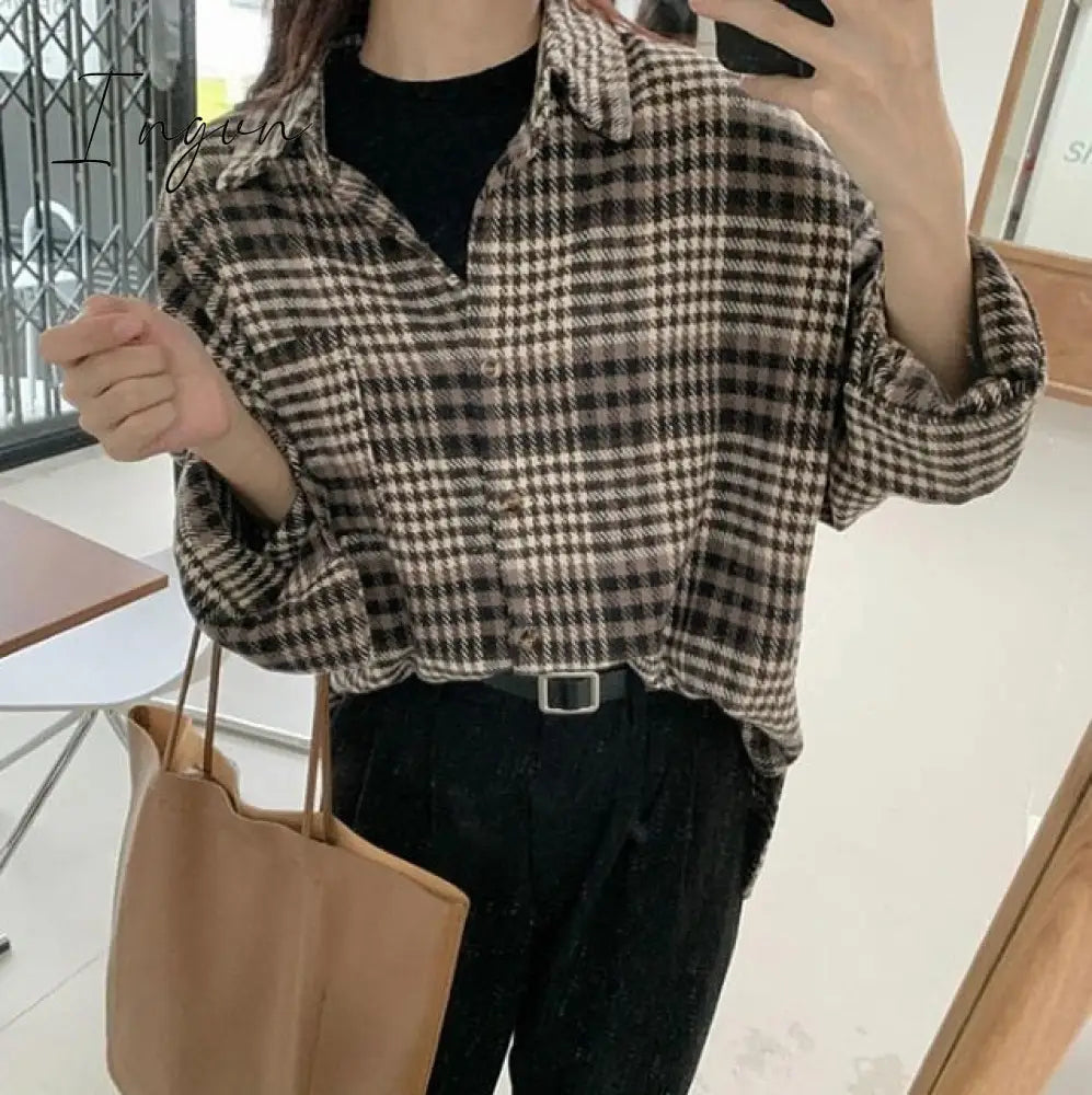 Ingvn - Blouse Women Woolen Plaid Coat Shirt For Thickened Long Sleeve Top Blusas Ropa De Mujer Xl