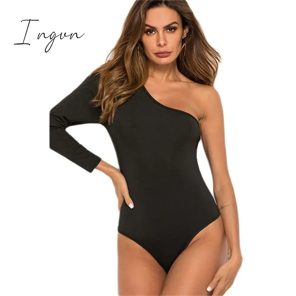 Ingvn - Bodysuit Female Sexy One Shoulder Long Sleeve Slim Bodycon Jumpsuits Solid Color Ladies