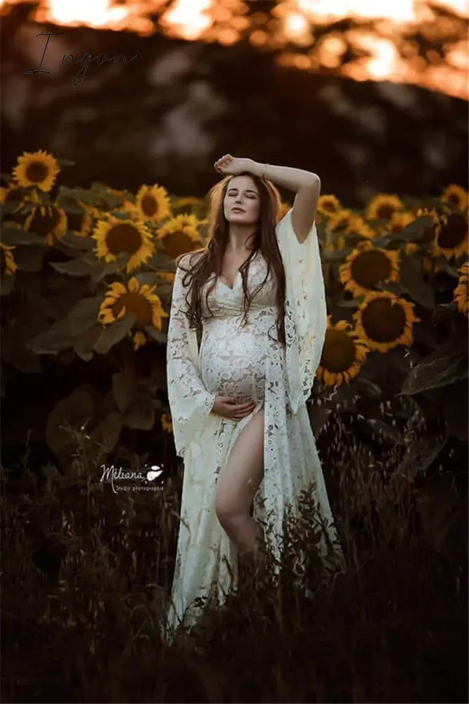 Ingvn - Boho Style Lace Maternity Dress For Photography Outfit Maxi Gown Pregnancy Women Long
