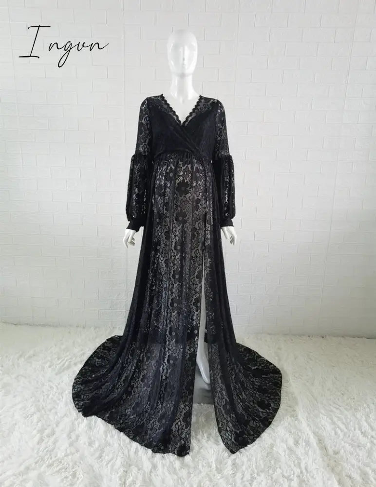 Ingvn - Boho Style Lace Maternity Dress For Photography Outfit Maxi Gown Pregnancy Women Long Black