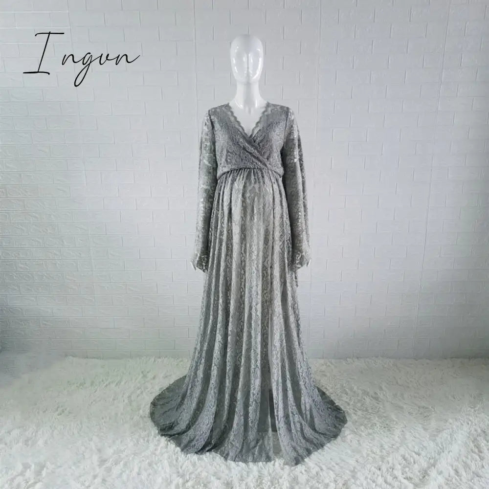 Ingvn - Boho Style Lace Maternity Dress For Photography Outfit Maxi Gown Pregnancy Women Long Gray