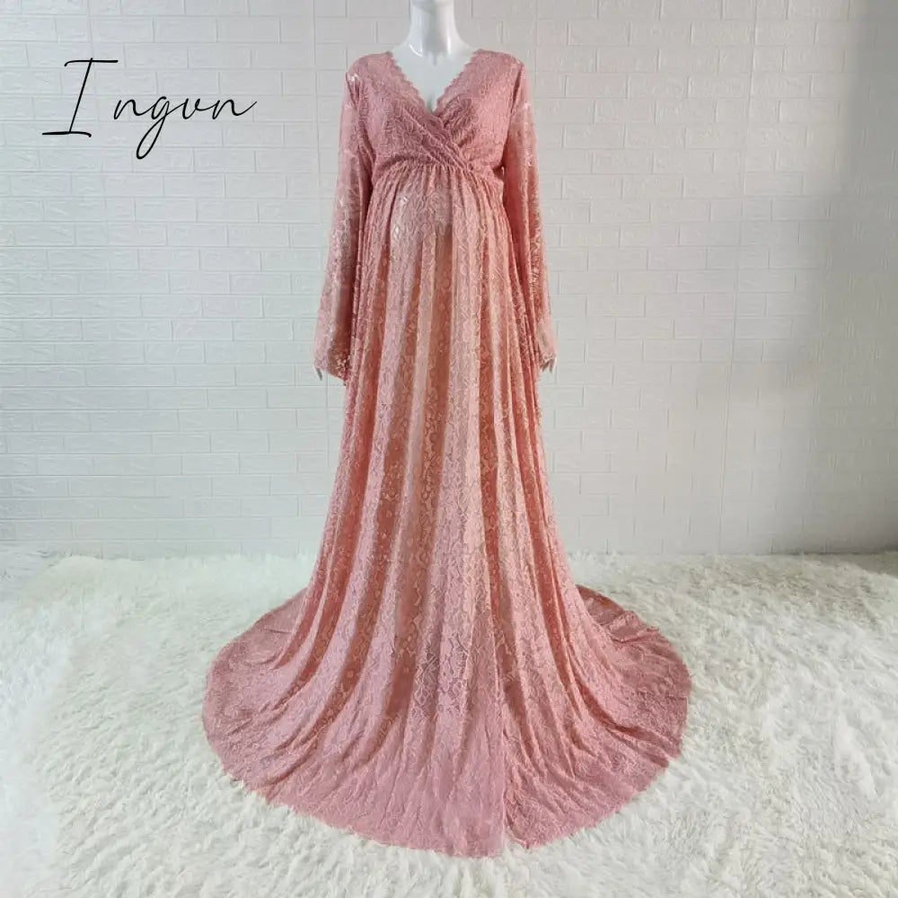 Ingvn - Boho Style Lace Maternity Dress For Photography Outfit Maxi Gown Pregnancy Women Long Pink