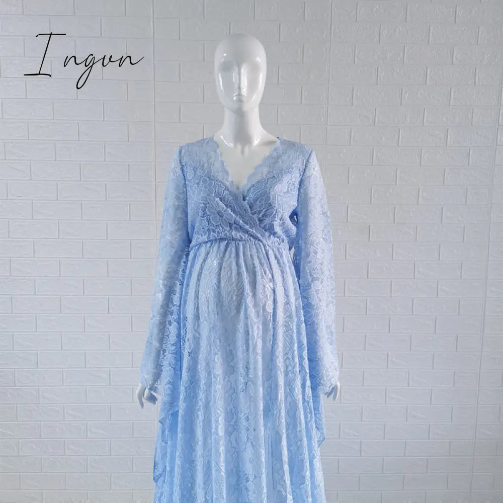 Ingvn - Boho Style Lace Maternity Dress For Photography Outfit Maxi Gown Pregnancy Women Long Sky