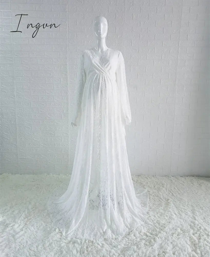 Ingvn - Boho Style Lace Maternity Dress For Photography Outfit Maxi Gown Pregnancy Women Long White