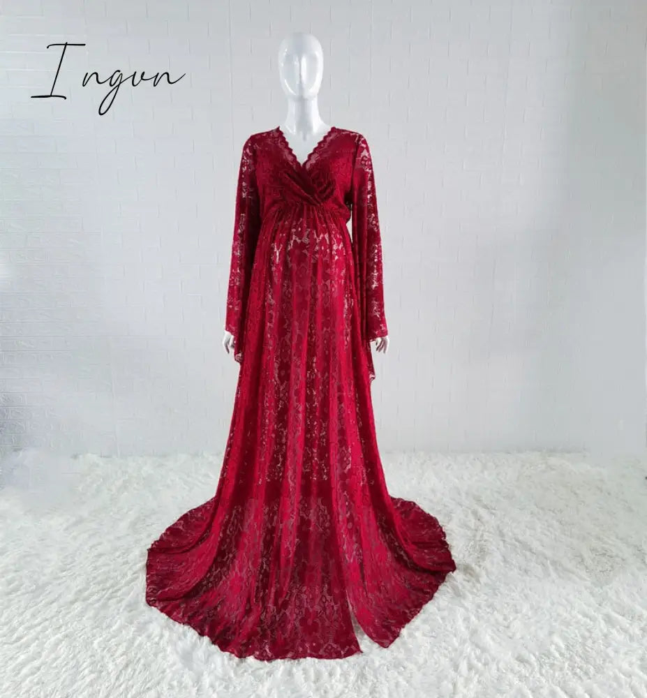 Ingvn - Boho Style Lace Maternity Dress For Photography Outfit Maxi Gown Pregnancy Women Long Wine