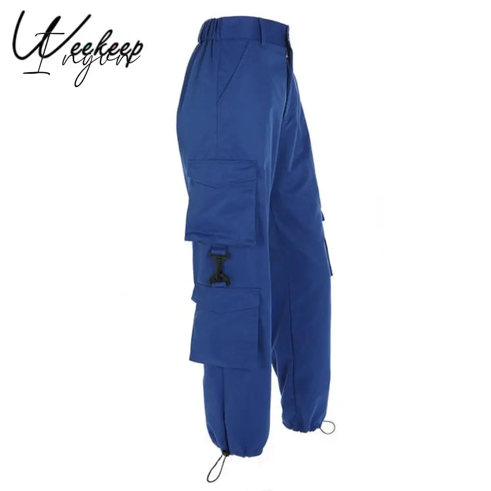 Ingvn - Button Pockets Patchwork Cargo Pants Women Streetwear High Waist Trousers Fashion Pencil