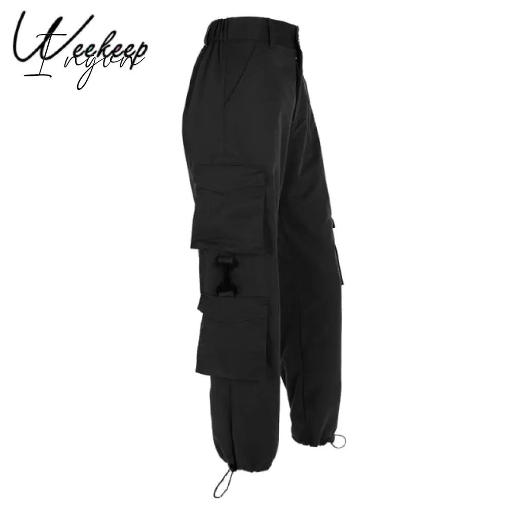 Ingvn - Button Pockets Patchwork Cargo Pants Women Streetwear High Waist Trousers Fashion Pencil