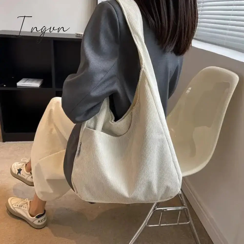 Ingvn - Canvas Shoulder Women’s Tote Bag Corduroy Simple Casual Large Capacity Designer Handbags