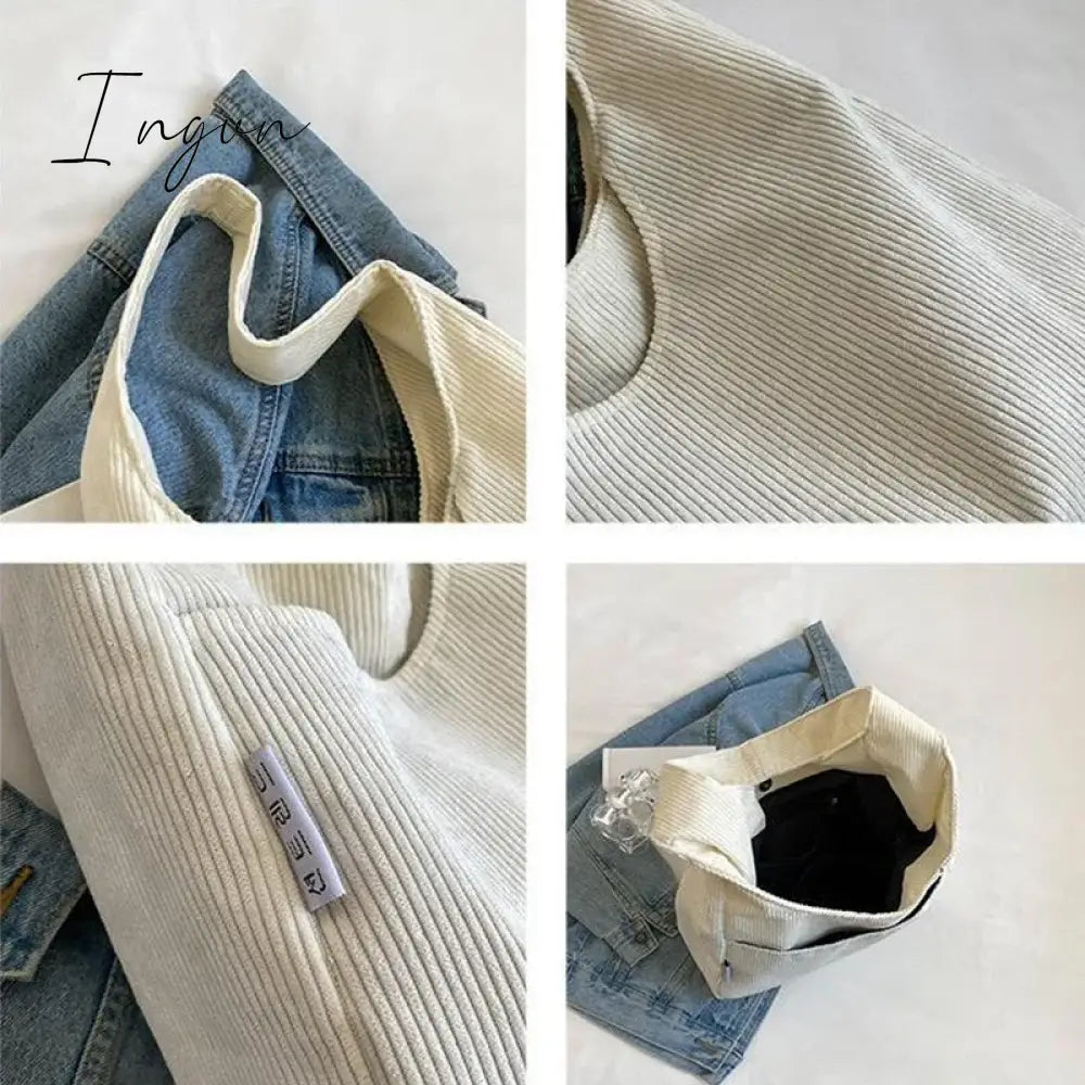 Ingvn - Canvas Shoulder Women’s Tote Bag Corduroy Simple Casual Large Capacity Designer Handbags