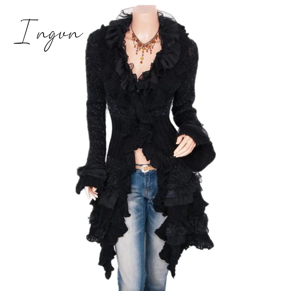 Ingvn - Cardigan Sweater Women’s Knitted Single-Breasted Lace Bell Sleeve Mid-Length Coat Black /