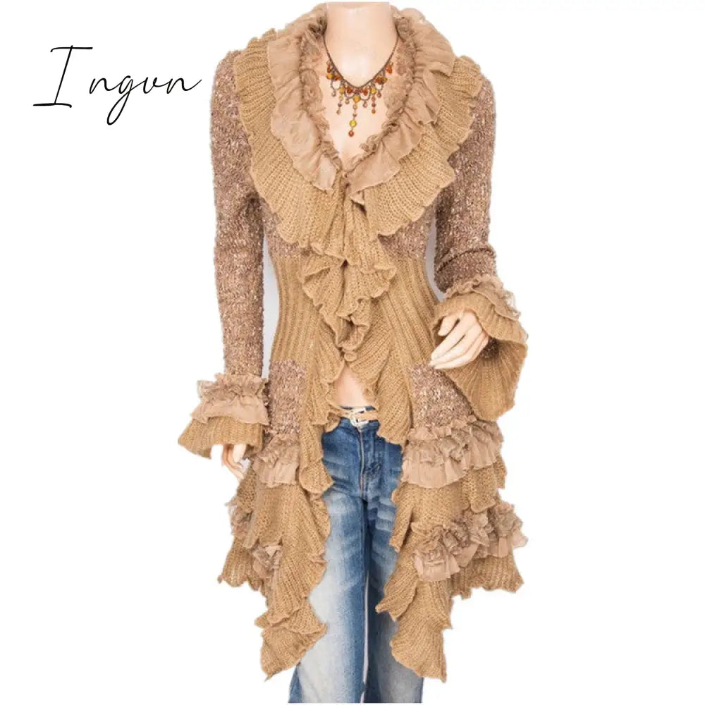 Ingvn - Cardigan Sweater Women’s Knitted Single-Breasted Lace Bell Sleeve Mid-Length Coat Dark