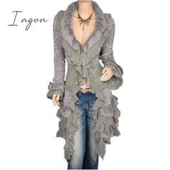 Ingvn - Cardigan Sweater Women’s Knitted Single-Breasted Lace Bell Sleeve Mid-Length Coat Gray /