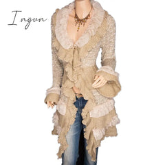 Ingvn - Cardigan Sweater Women’s Knitted Single-Breasted Lace Bell Sleeve Mid-Length Coat Light